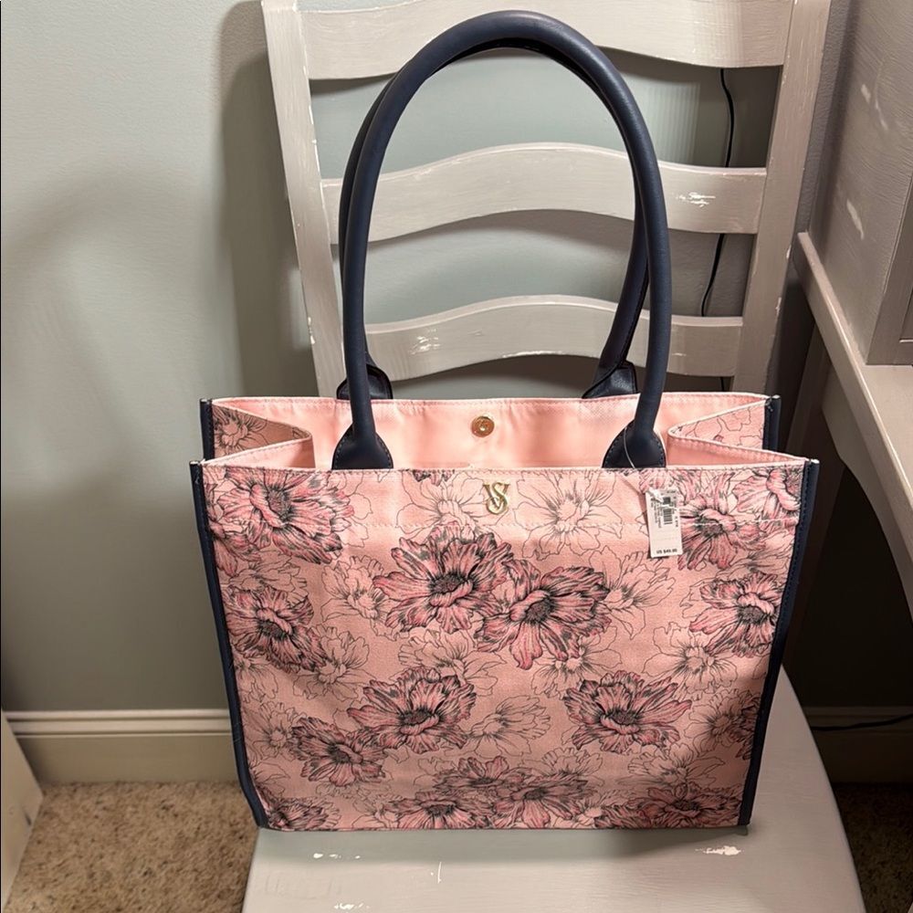 Victoria's Secret Pink Floral Tote with Dark Gray/Grey and Black Trim - Picture 2 of 10